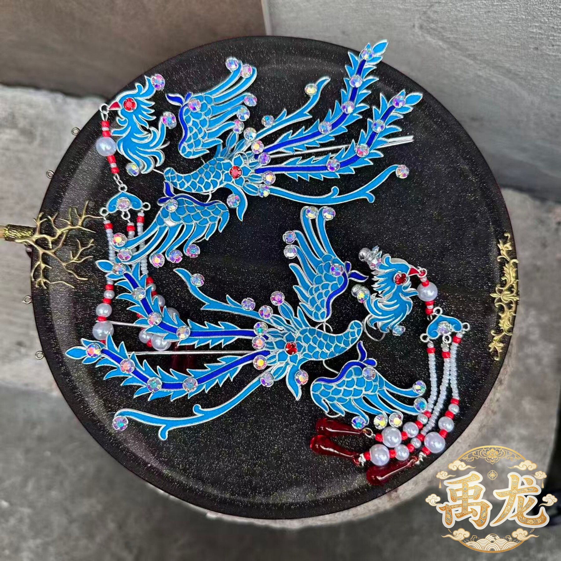 京越剧古风绸缎水钻小偏凤头饰