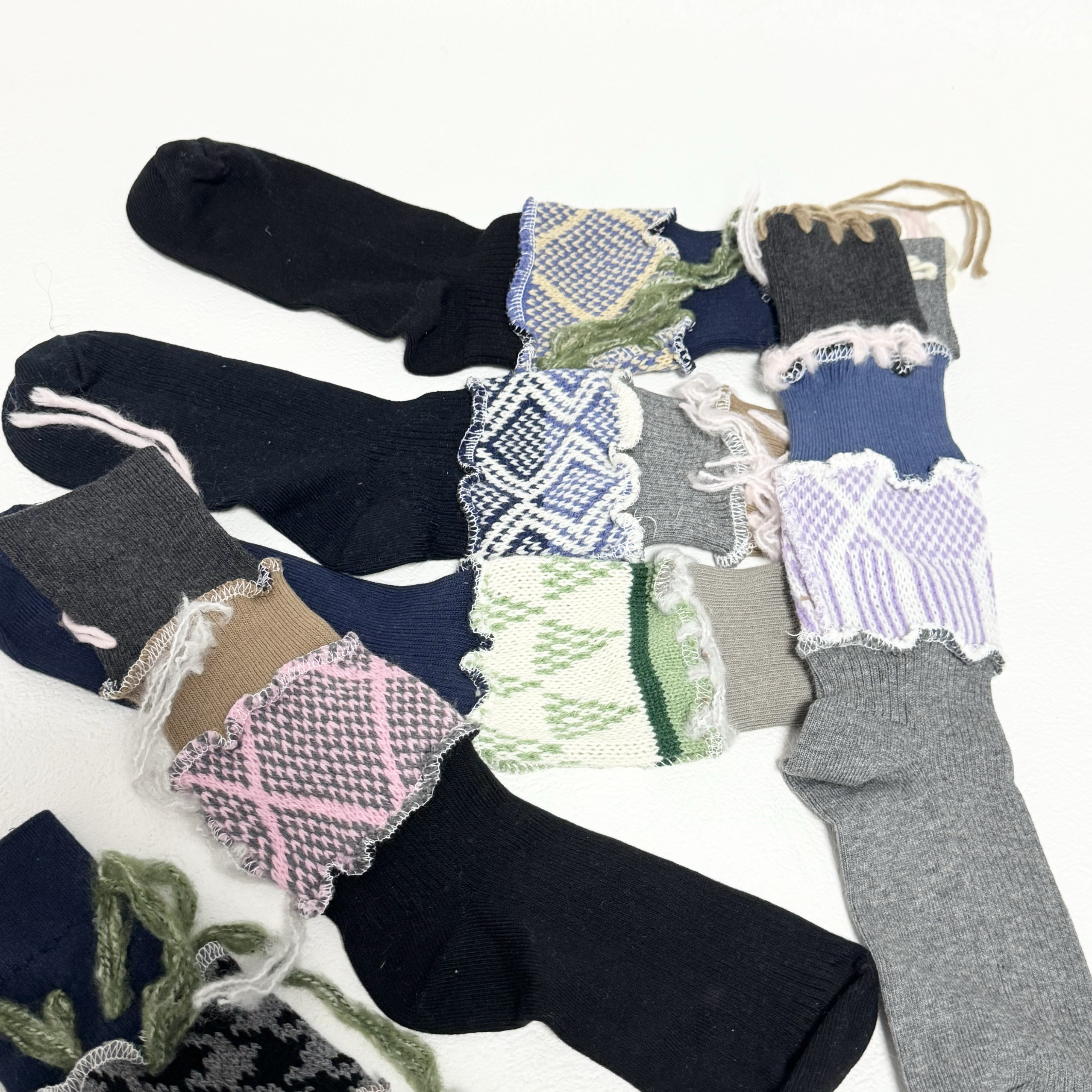 设计师 重工袜子手工重组拼接毛线袜设计感堆堆袜 AB不对称小腿袜