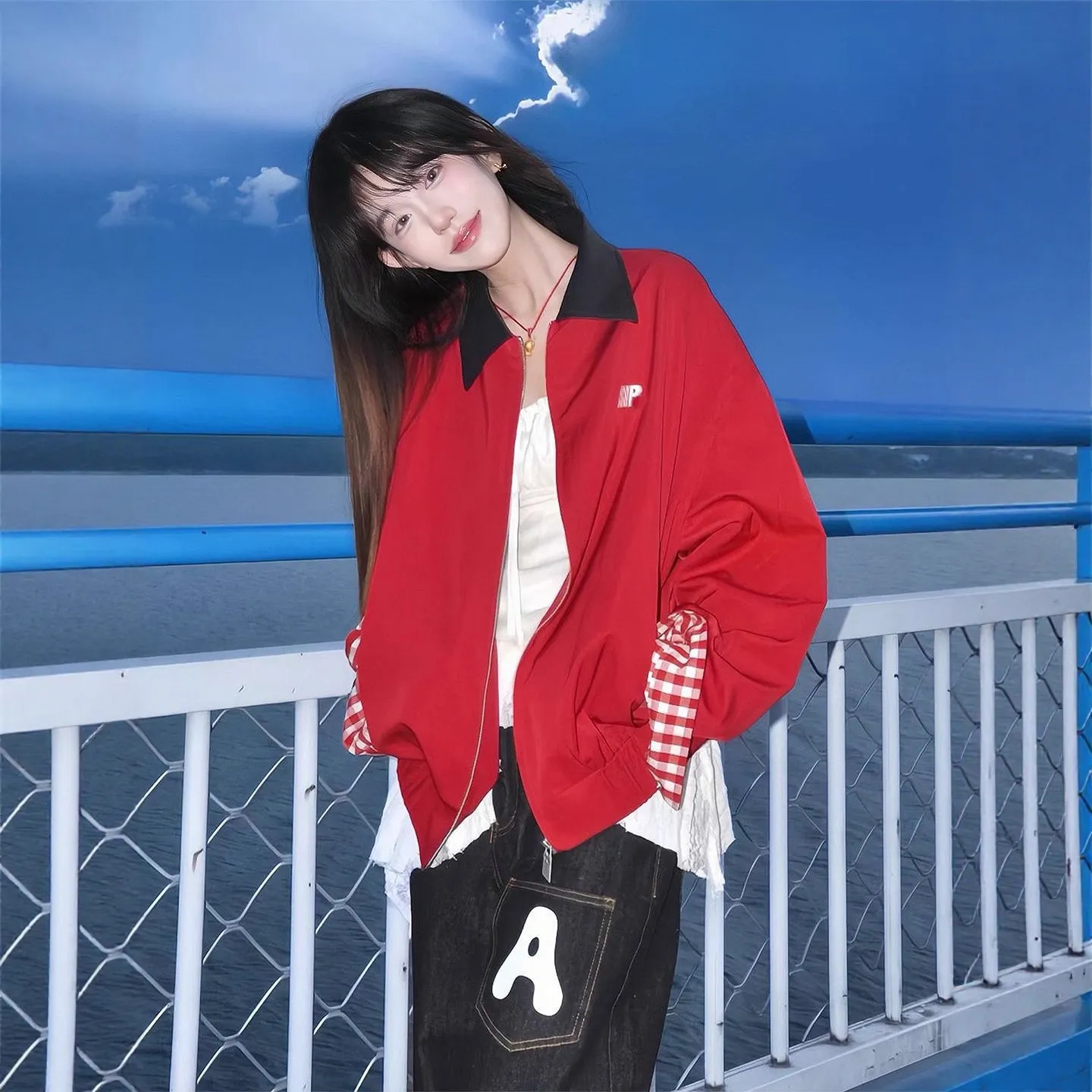 潮牌撞色夹克外套女秋季宽松设计感休闲穿搭男女红色拼接翻领上衣