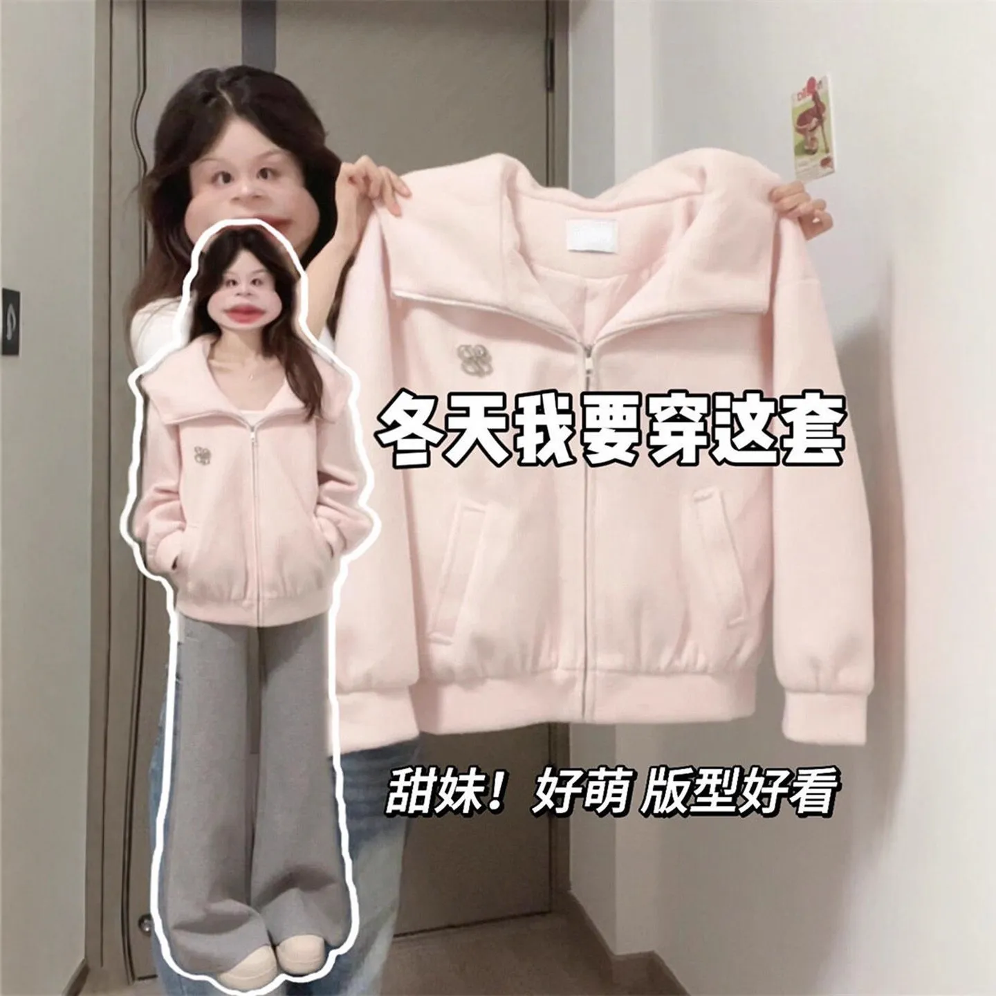 粉色气质大翻领连帽外套女2025年秋冬季新款宽松百搭设计感短上衣