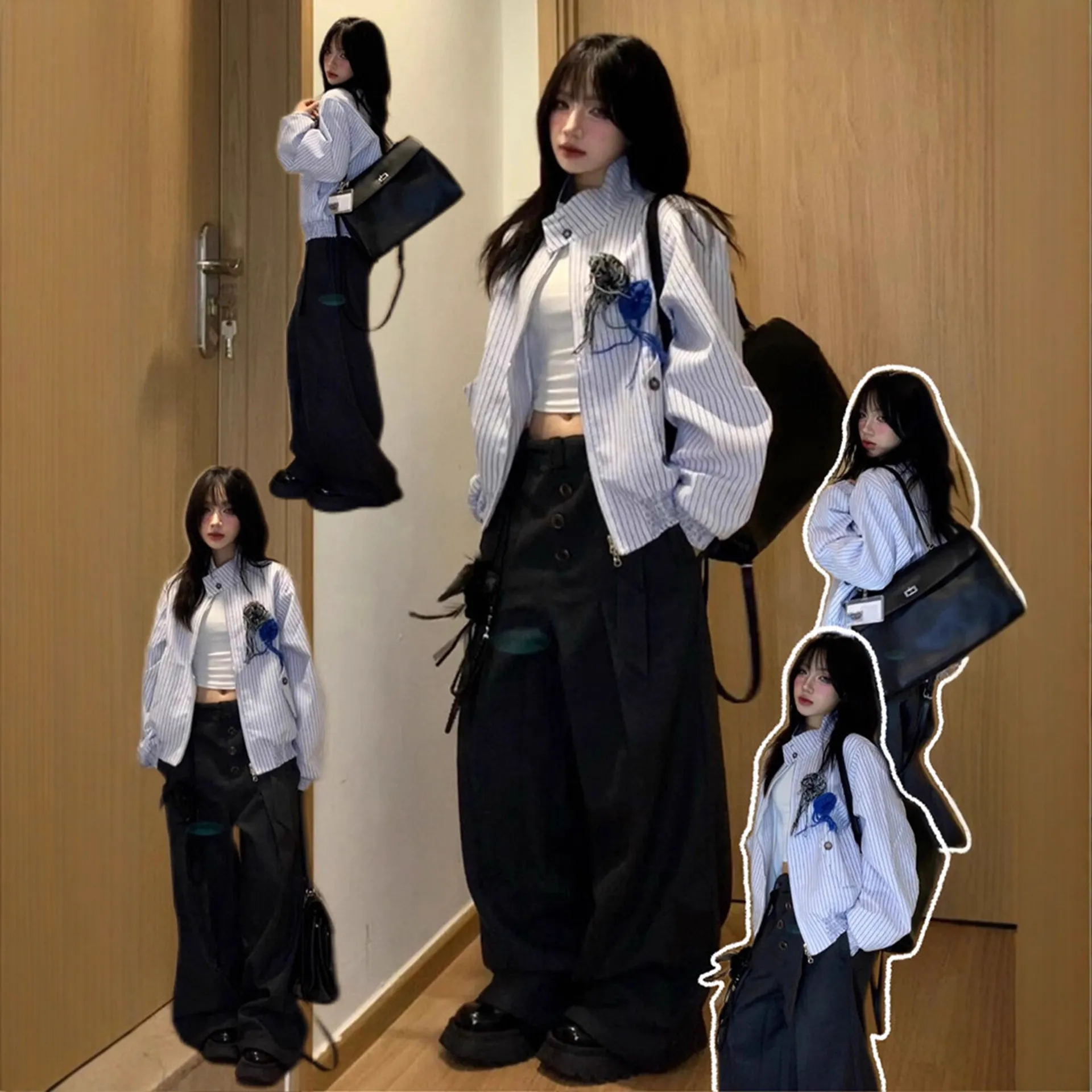 美式复古夹克女春秋宽松休闲设计感气质百搭学院风竖条纹短外套潮