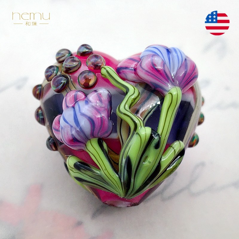 美国进口 灯工手工琉璃桃心珠格蕾丝花园19mm大珠孔diy饰品配件