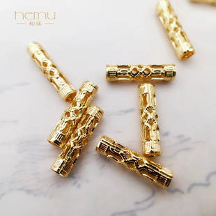 diy饰品配件18K包金电镀约12.5mm竖条纹金属管珠镂空编织穿绳圆管