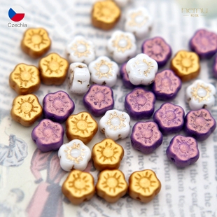 捷克进口6mm太阳花描金图案五瓣花项链手链串珠散珠diy饰品配件