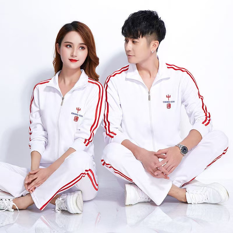 运动服套装女春秋新款中国健身跑步休闲白色广场舞运动服男大码厚