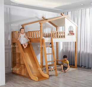 创意房子男孩女孩城堡床 全实木树屋床 上下高低儿童滑滑梯子母床