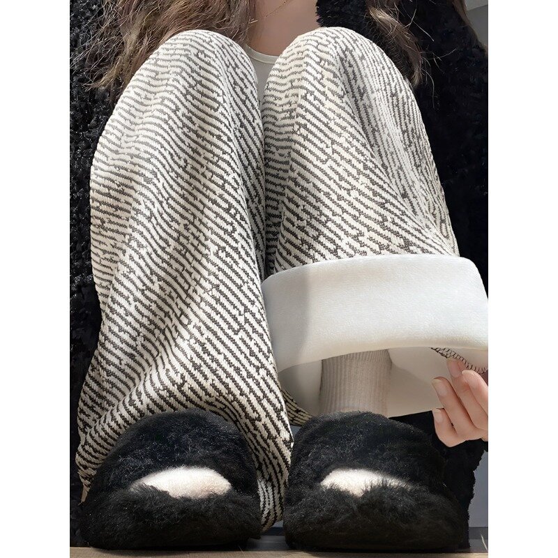 白色雪尼尔条纹阔腿裤女裤春秋季高腰垂感宽松慵懒小个子薄款裤子