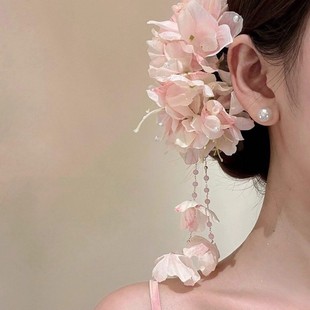 海棠依旧唯美粉色花朵流苏发夹女夏季度假拍照氛围感发饰