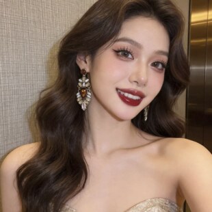 奢华水钻吊坠耳环高级感夸张时尚 大气耳钉耳饰女 气质名媛风长款