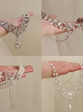 双层珍珠闪钻蝴蝶项链晚礼服配饰女轻奢小众气质颈链锁骨链