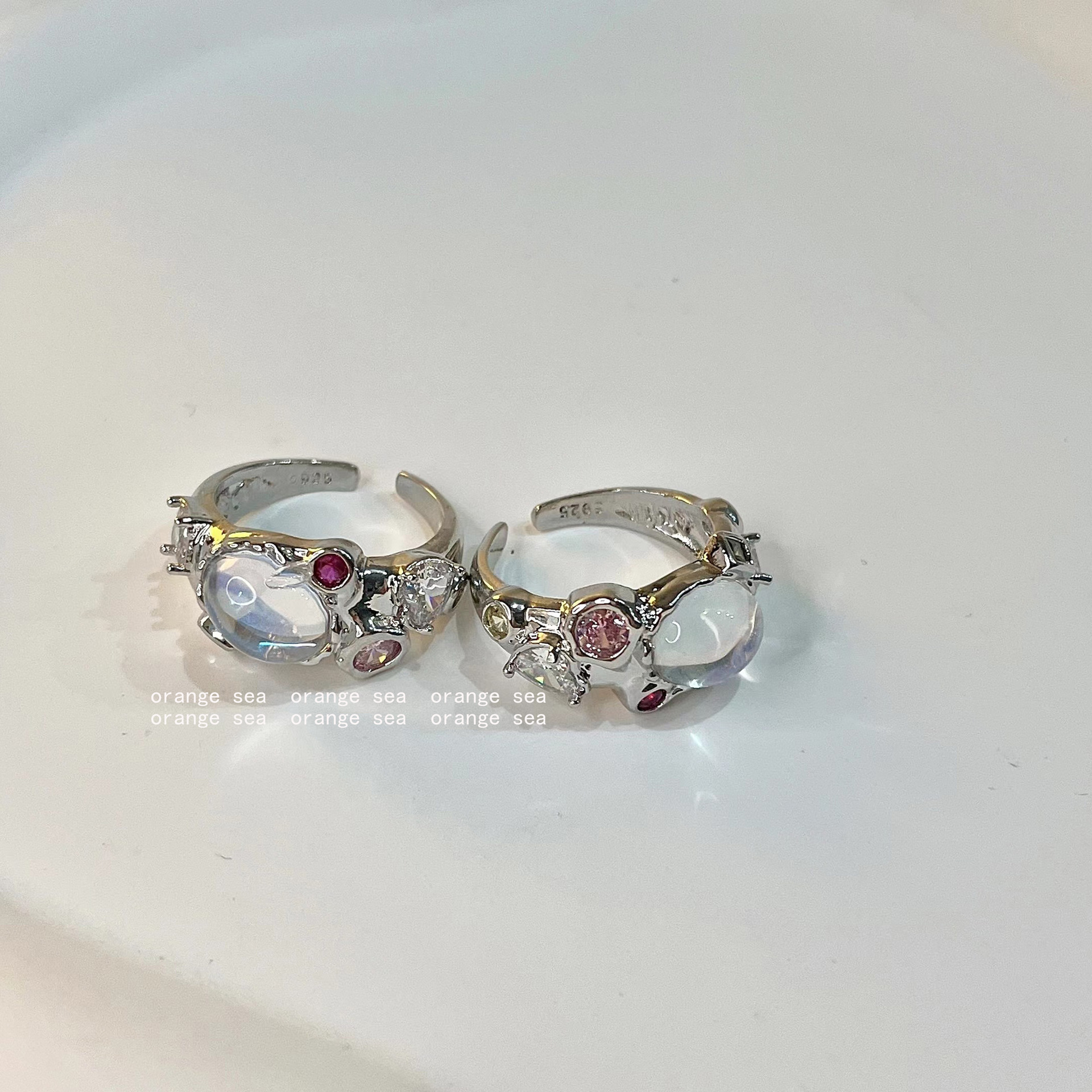 泫雅同款彩色人鱼姬欧泊月光石彩宝锆石粉钻戒指熔岩小众设计感女