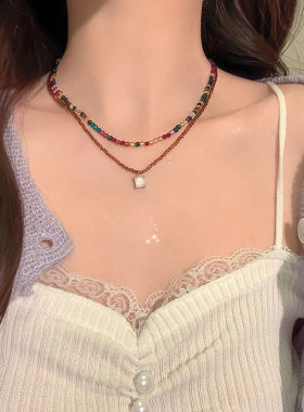 彩色串珠叠戴项链女2022年新款潮网红气质锁骨链设计个性颈链