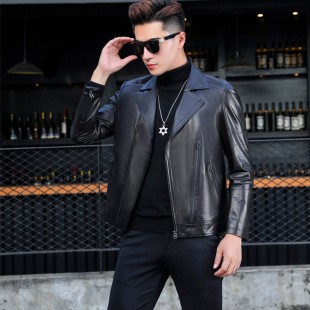 机车时尚 夹克西装 领新款 海宁春秋款 短款 真皮皮衣修身 韩版 外套 男士
