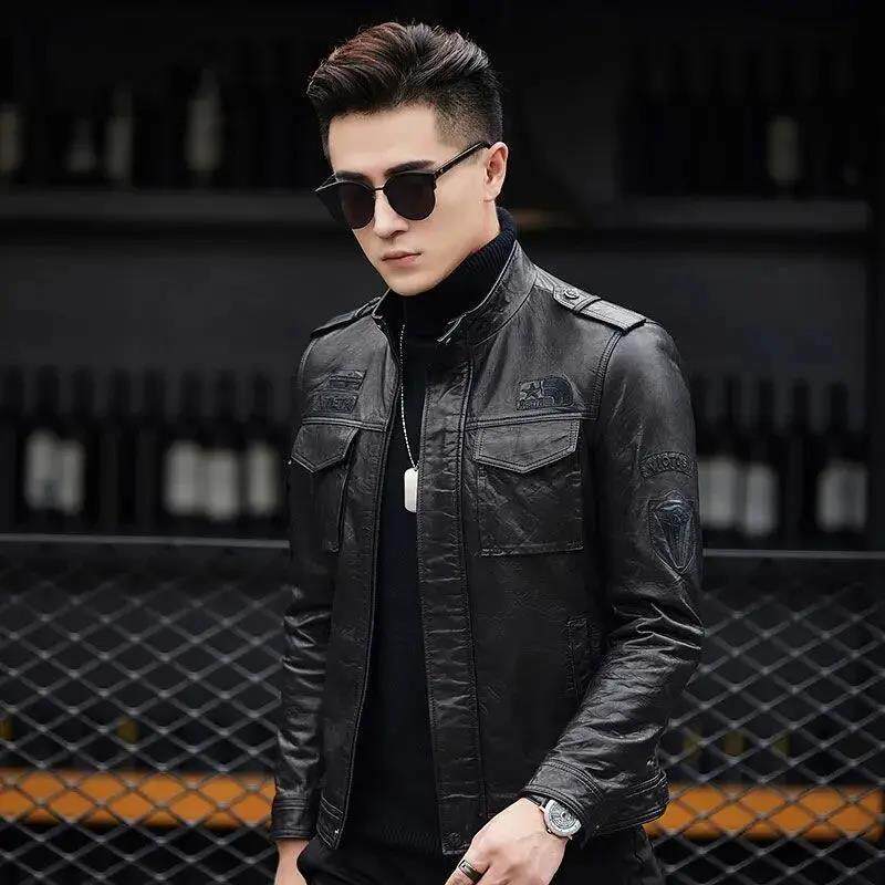 真皮皮衣男秋冬新款海宁绵羊皮修身短款立领机车服皮夹克休闲外套