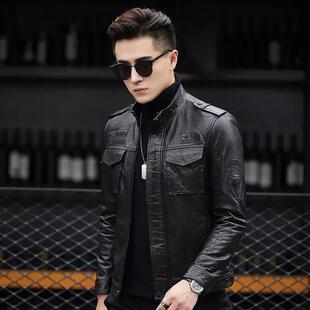立领机车服皮夹克休闲外套 短款 真皮皮衣男秋冬新款 海宁绵羊皮修身