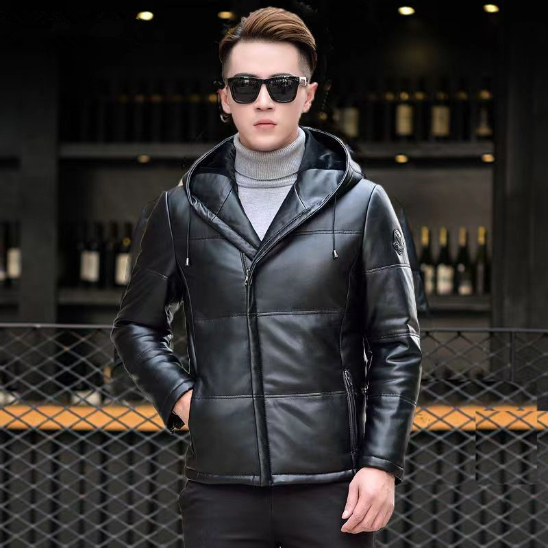 真皮连帽羽绒服连帽