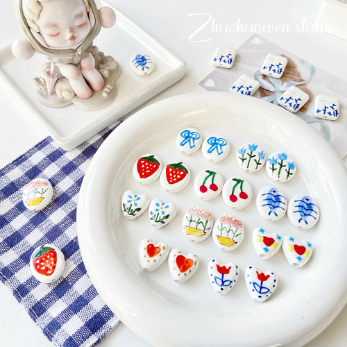 陶瓷蓝色系椭圆手绘爱心串珠