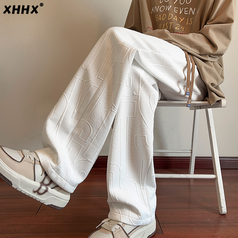 白色裤子男春秋2024新款宽松直筒大码长裤潮牌秋冬加绒运动休闲裤