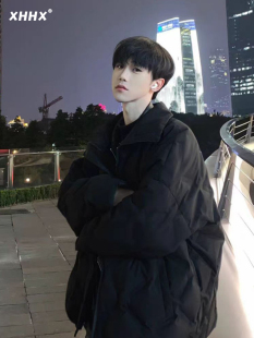 黑色菱形格轻薄羽绒棉衣男款2025冬季美式高街青少年休闲棉服外套