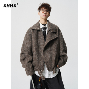 高级感短款毛呢大衣男生秋冬季痞帅宽松大翻领潮牌美拉德呢子外套