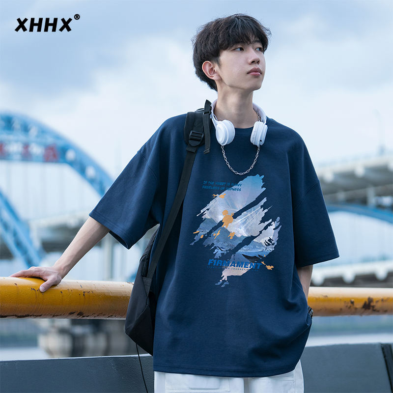 藏青色正肩短袖T恤男夏季大码宽松纯棉重磅打底潮牌五分半袖体恤