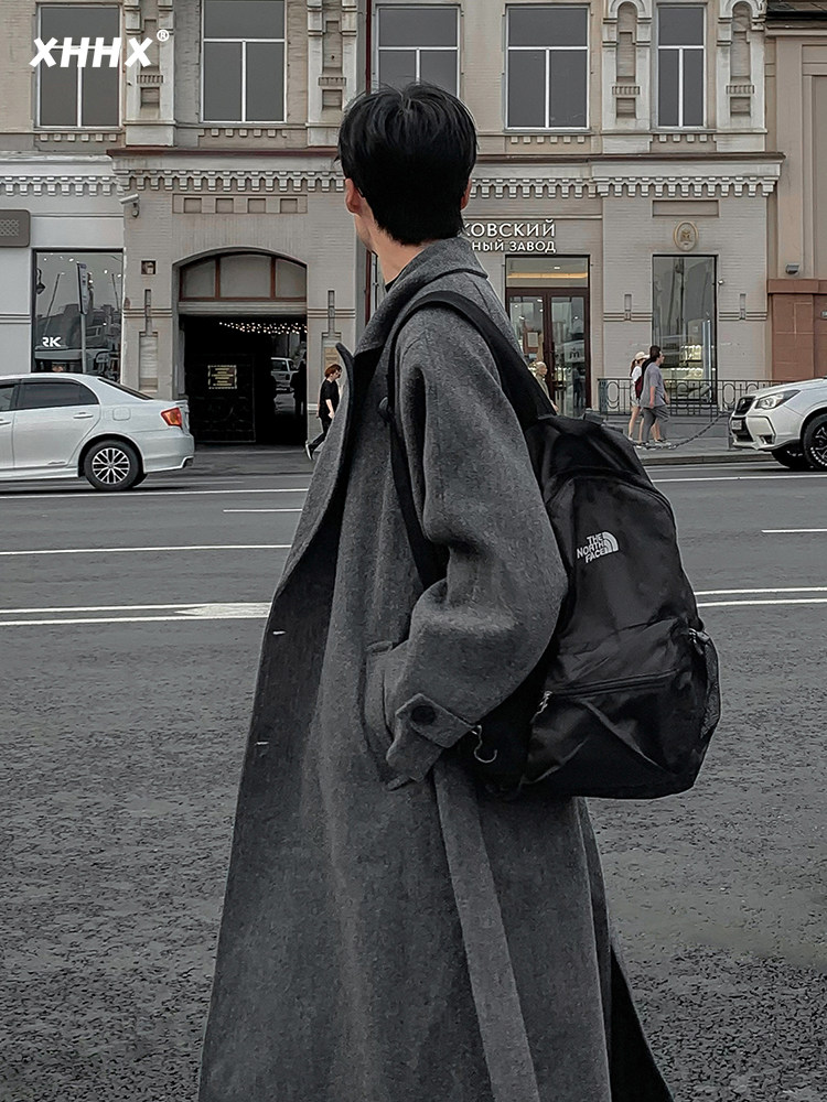 Серое шерстяное пальто, мужское осенне-зимнее плотное шерстяное пальто, мужская ветровка средней длины выше колена в корейском стиле высокого класса Изображение 1