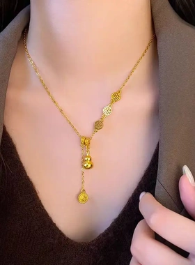 福字吉祥如意葫芦吊坠项链女古法沙金流苏复古百搭时尚气质锁骨链