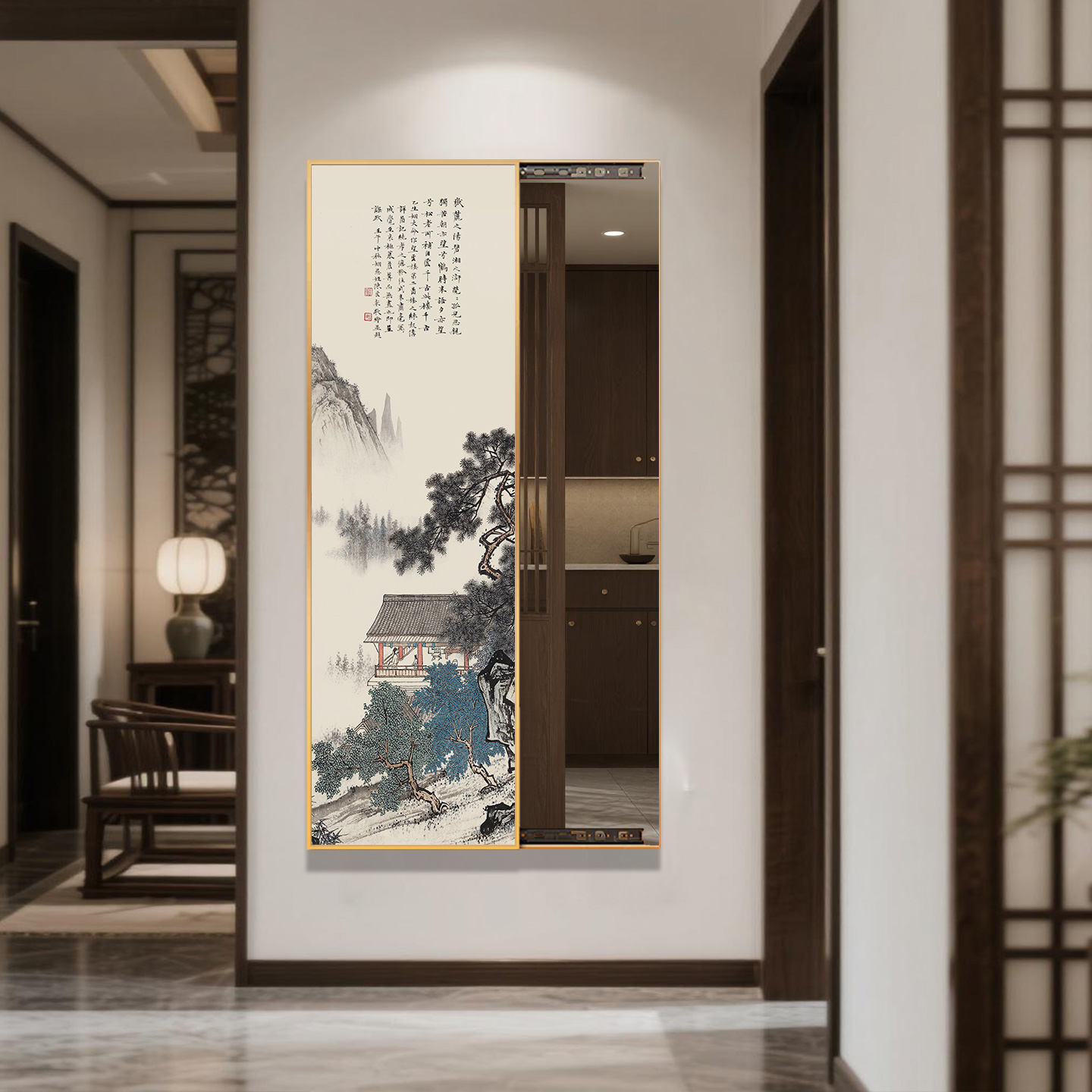 隐藏式推拉全身镜挂画客厅入户