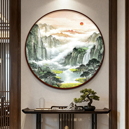 旺财靠山背景墙中式客厅山水挂画