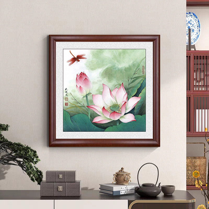 荷花装饰画中式方形净秽厕所禅意挂画客厅玄关走廊莲花背景墙壁画图片