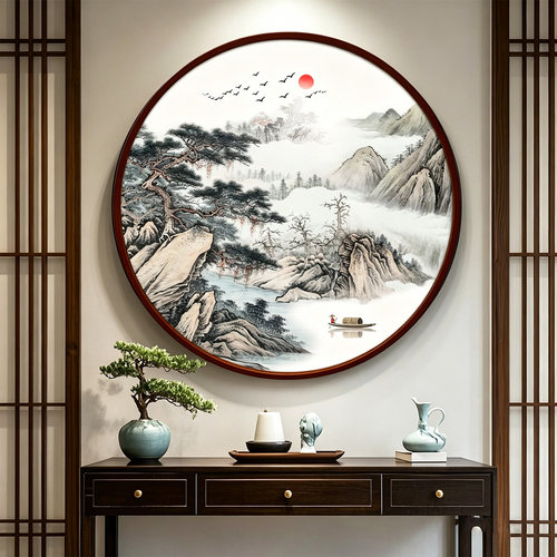 招财山水画圆形背景墙画旭日东升