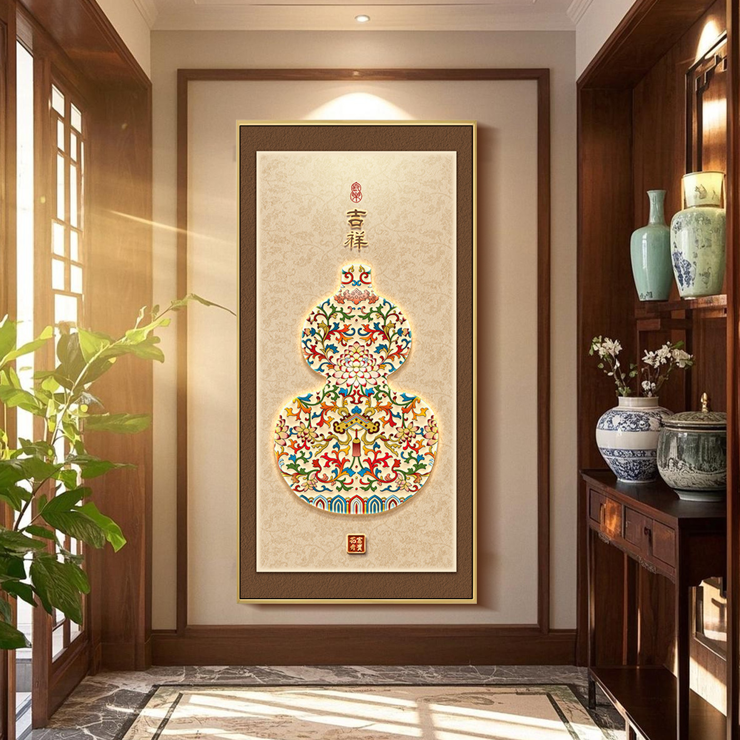 葫芦玄关挂画竖版福字高级感壁画