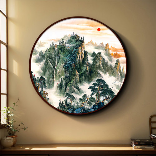 旺财靠山背景墙中式客厅山水挂画