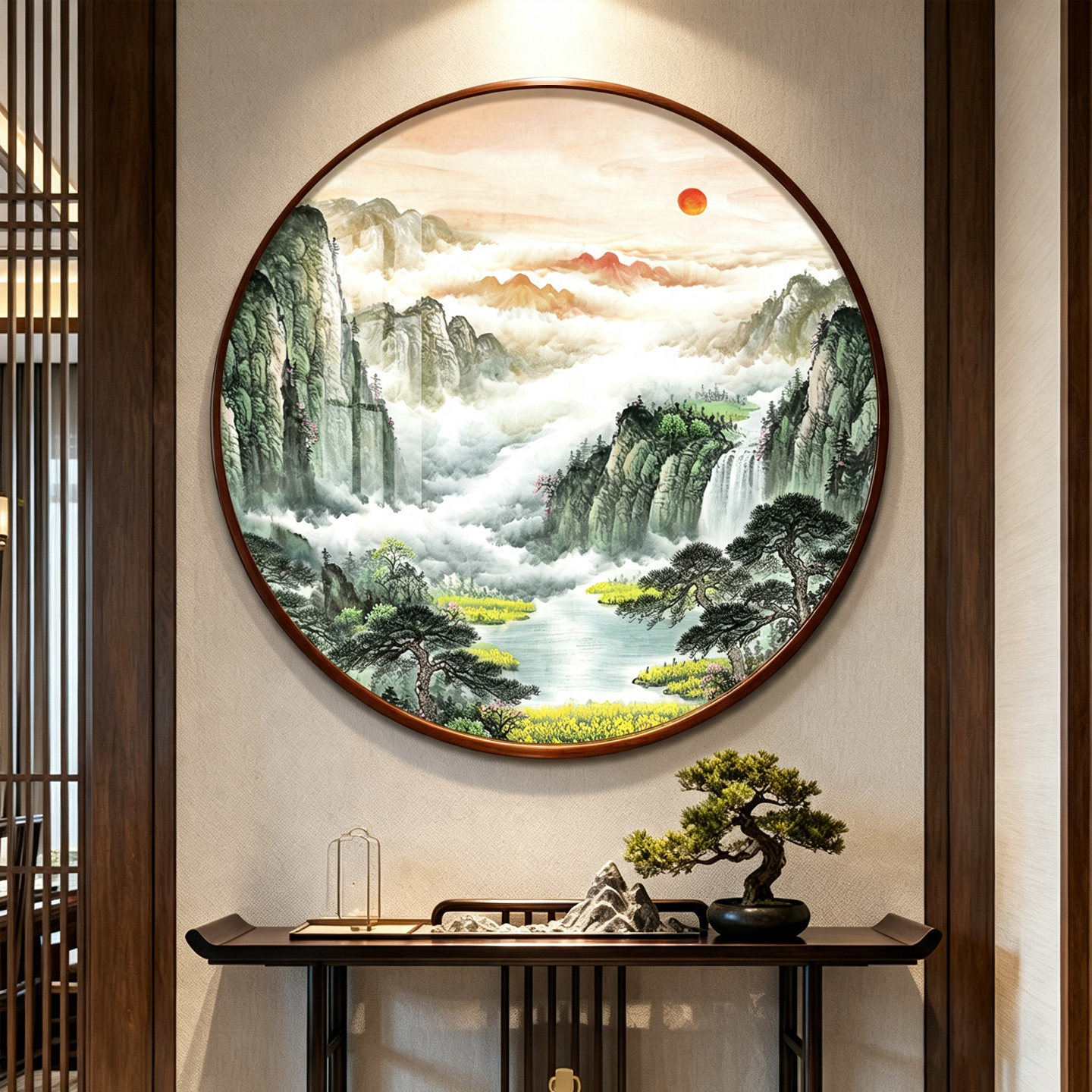 旺财靠山背景墙中式客厅山水挂画