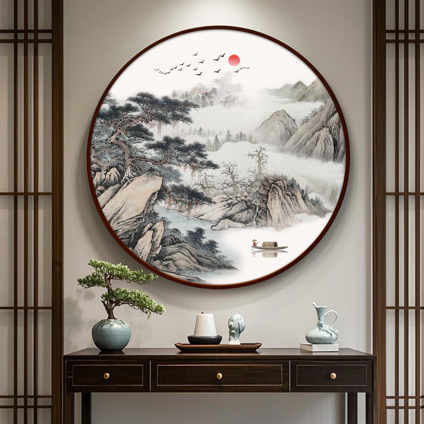 招财山水画客厅挂画圆形装饰画办公室靠山新中式茶室玄关背景墙画