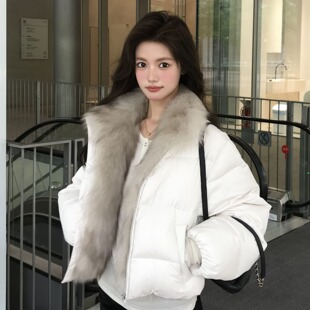 学院拼接短款羽绒棉服女仿狐狸毛领宽松加厚小个子韩版面包服外套