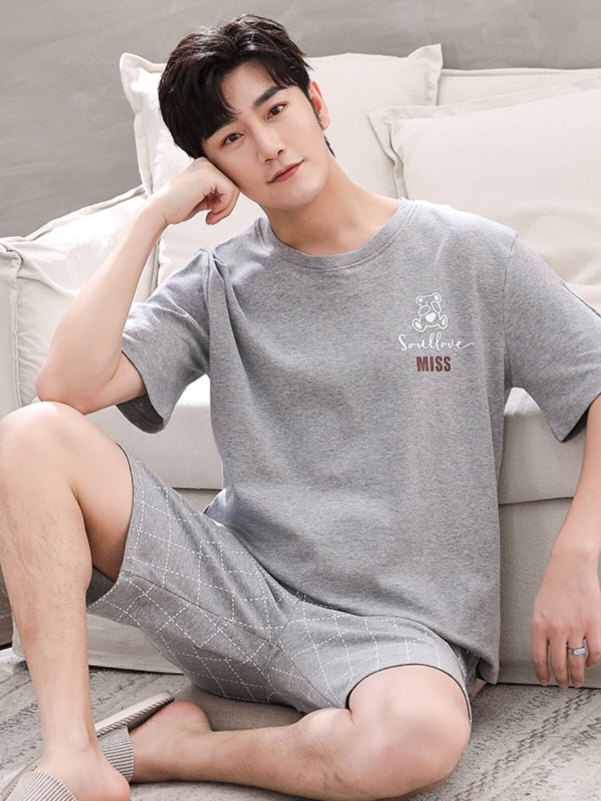 啄木鸟新款睡衣男士夏季纯棉短袖短裤休闲男款青少年家居服套装