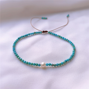 原创手工天然绿松石手串单圈手编可调节配珍珠简约女款手链