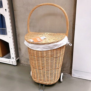宜家国内代购托克宁带脚轮洗衣篮脏衣篮藤编篮子储物篮