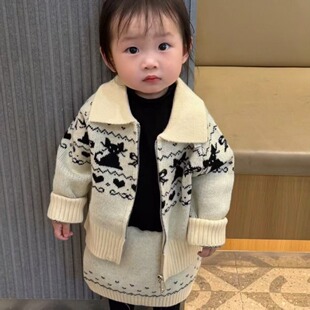 女童加厚毛衣套装童装秋冬新款费尔岛加厚毛线开衫裙子两件套潮