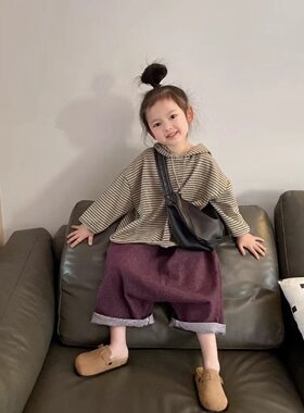 女童春装套装2026新款网红条纹连帽卫衣春秋洋气牛仔阔腿裤两件套