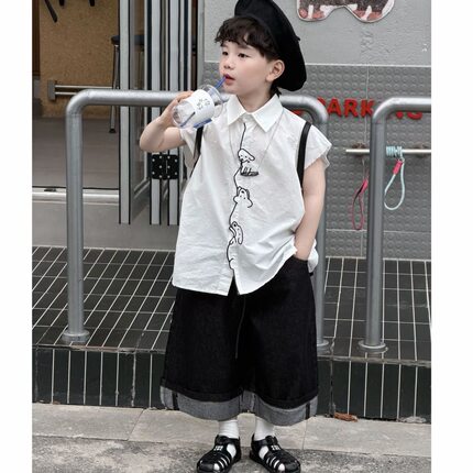 男童夏季2026新款韩版套装儿童刺绣线条小狗衬衫短袖洋气牛仔短裤