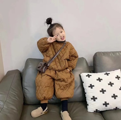 女童套装秋冬装2025新款洋气男宝宝冬装夹棉加厚棉服儿童棉衣棉裤
