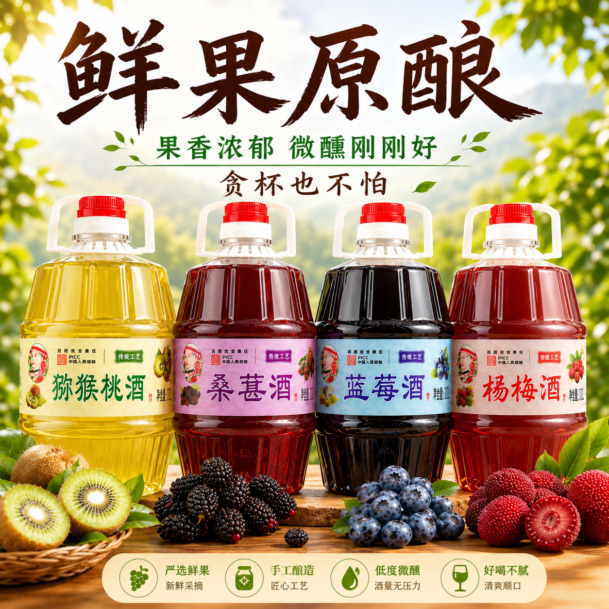 杨梅酒桑葚酒蓝莓酒猕猴桃酒低度微醺女士鲜果发酵酒桶装甜酒果酒