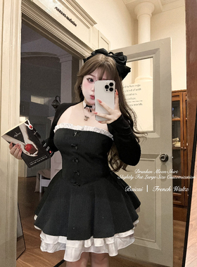 白菜【圆舞曲】秋冬大码微胖黑色抹胸连衣裙蛋糕蓬蓬裙生日礼服裙