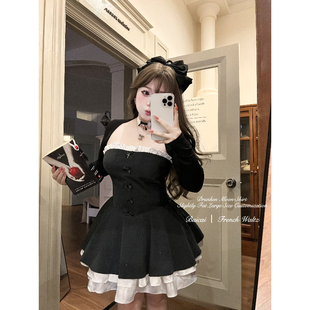 白菜【圆舞曲】秋冬大码微胖黑色抹胸连衣裙蛋糕蓬蓬裙生日礼服裙