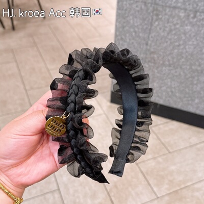 黑色网纱植绒波点宽边褶皱发箍女2026新款洗脸发捆高颅顶发卡