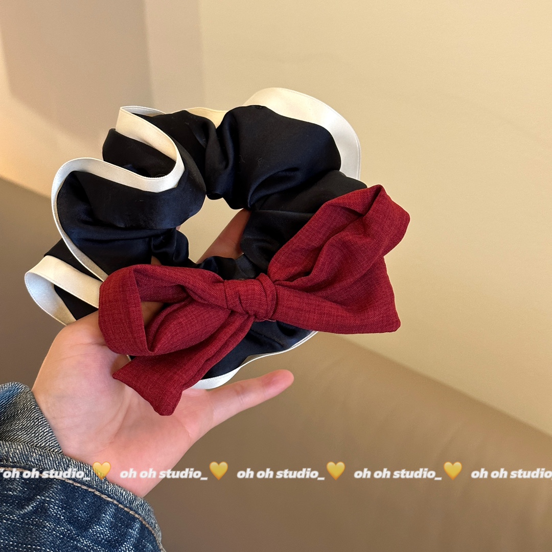 【oh oh】法式香风泡泡白色缎边蝴蝶结发圈红色显白高级马尾发绳