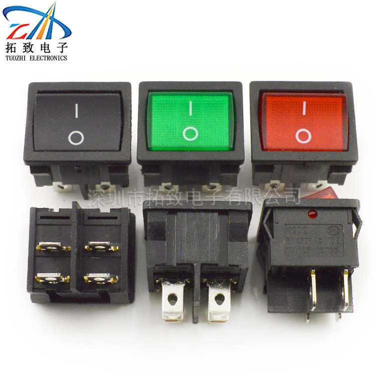 船型开关 24x21mm 四脚 KCD5-501/4P 带灯 黑绿红色 6A250V AC