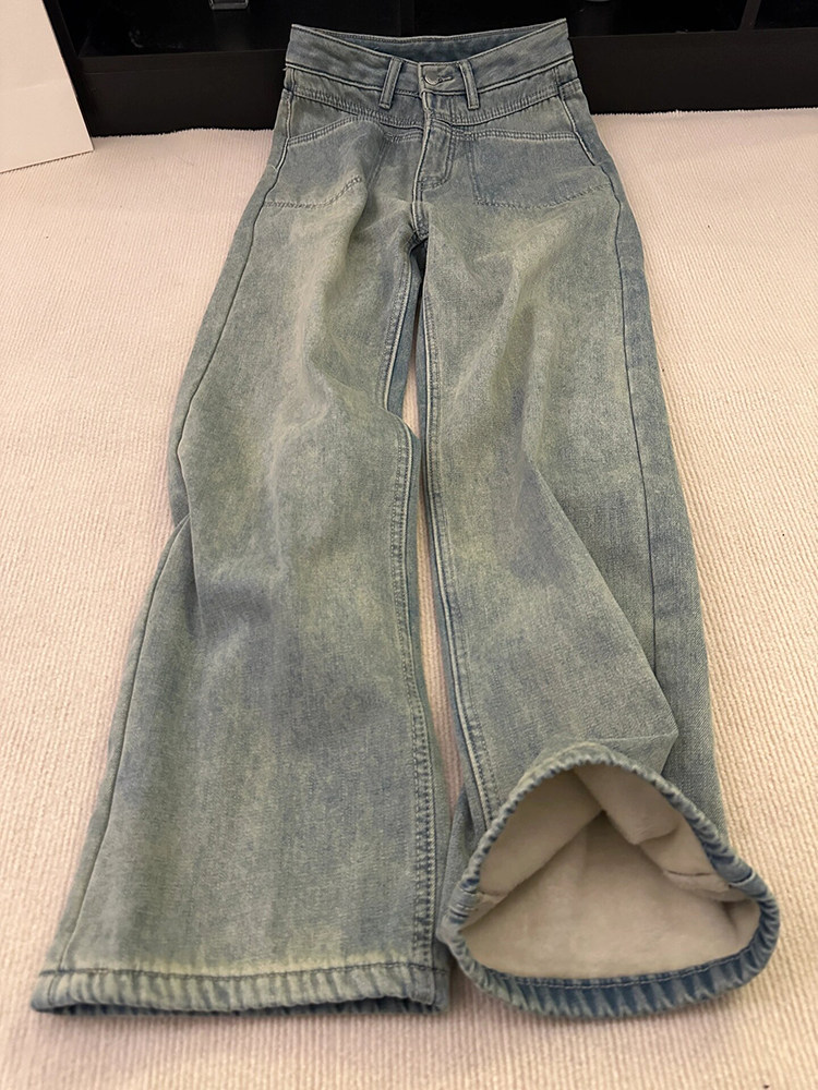 Pear-shaped body fleece-lined and thick straight jeans for women, autumn and winter, plus size, high waist, slimming, wide leg, long pants
